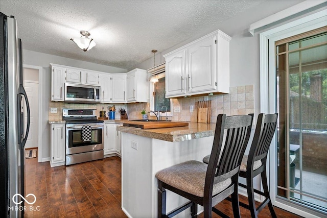 770 Viewpoint Dr, Plainfield, IN 46168 - kitchen with appliances with stainless steel finishes, a peninsula, healthy amount of natural light, dark wood-style floors, and a textured ceiling