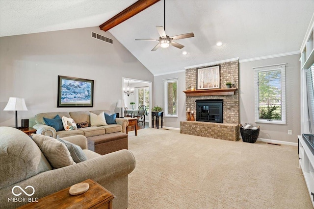 770 Viewpoint Dr, Plainfield, IN 46168 - living room with ceiling fan, beamed ceiling, carpet floors, high vaulted ceiling, and a chandelier