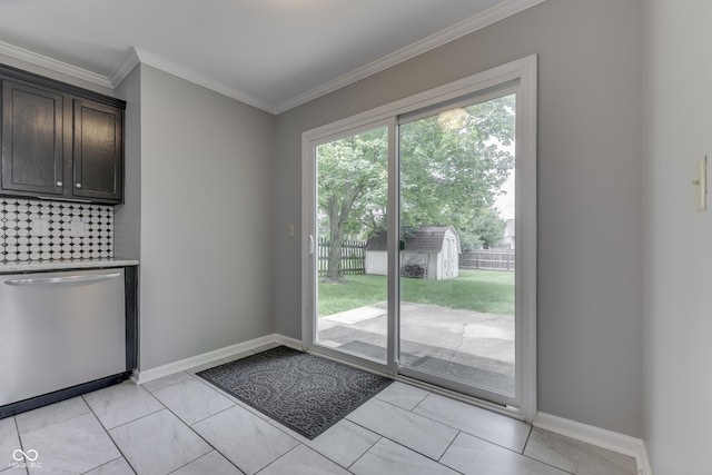 7914 Willow Wind Cir, Indianapolis, IN 46239 - doorway to outside featuring crown molding and baseboards