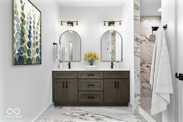 1100 English Ave, Indianapolis, IN 46203 - bathroom with marble finish flooring, double vanity, and a marble finish shower