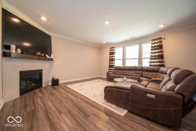 3609 Merchmont Rd, Bargersville, IN 46106 - living area with wood finished floors, a tile fireplace, ornamental molding, and recessed lighting