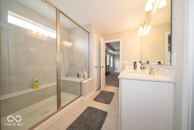3609 Merchmont Rd, Bargersville, IN 46106 - full bath featuring double vanity, a stall shower, and tile patterned flooring