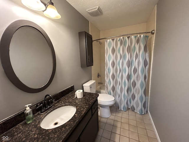 3525 Valley Lake Dr, Indianapolis, IN 46227 - full bathroom with vanity, shower / bathtub combination with curtain, a textured ceiling, and tile patterned flooring