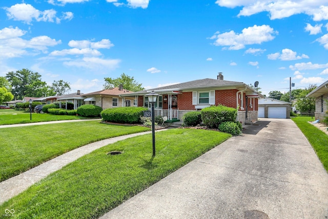 3322 N Riley Ave N, Indianapolis, IN 46218 - view of front of home featuring brick siding, an outdoor structure, covered porch, a chimney, and a front lawn