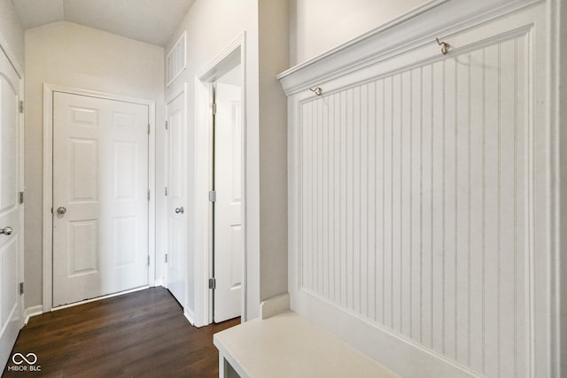 6670 Shooting Star Dr, Whitestown, IN 46075 - mudroom featuring dark wood-style floors and lofted ceiling