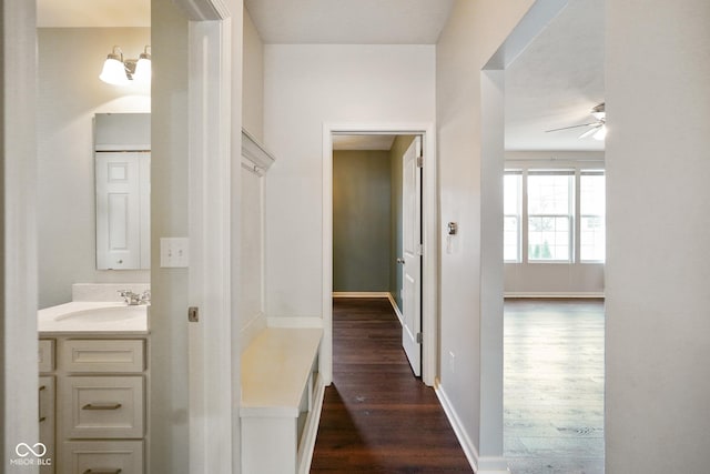 6670 Shooting Star Dr, Whitestown, IN 46075 - bathroom with a ceiling fan, vanity, and wood finished floors