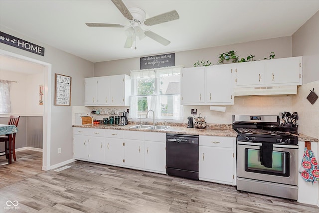216 N Clinton St, Boswell, IN 47921 - kitchen with dishwasher, stainless steel range with gas stovetop, under cabinet range hood, light countertops, and ceiling fan