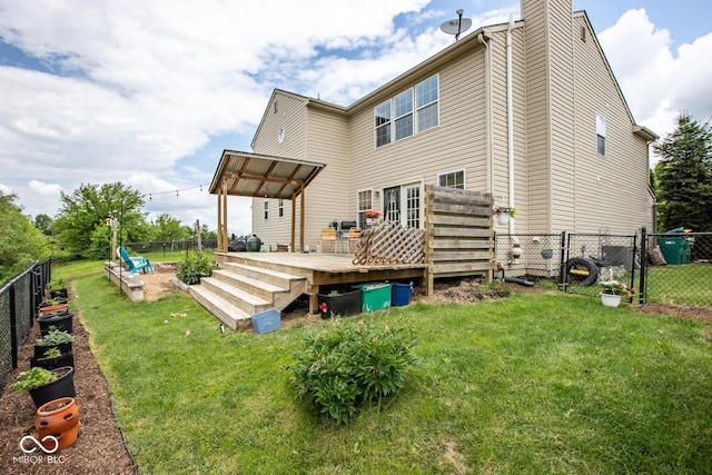6532 Amherst Way, Zionsville, IN 46077 - rear view of house featuring a wooden deck, a fenced backyard, a chimney, and a gate