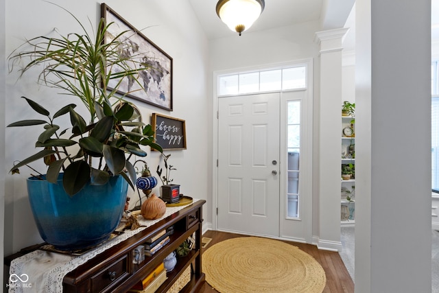 15098 Newburyport Dr, Fortville, IN 46040 - entryway featuring wood finished floors and decorative columns