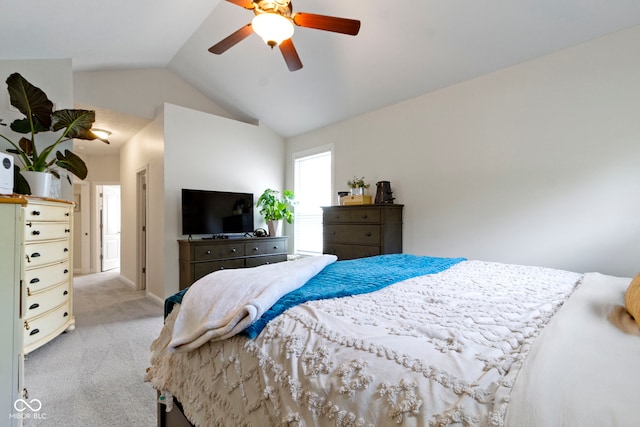 15098 Newburyport Dr, Fortville, IN 46040 - bedroom featuring light carpet, vaulted ceiling, and a ceiling fan