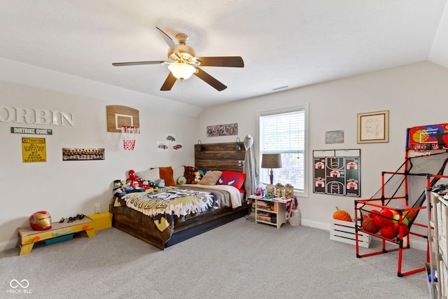 15098 Newburyport Dr, Fortville, IN 46040 - bedroom featuring carpet, lofted ceiling, and a ceiling fan