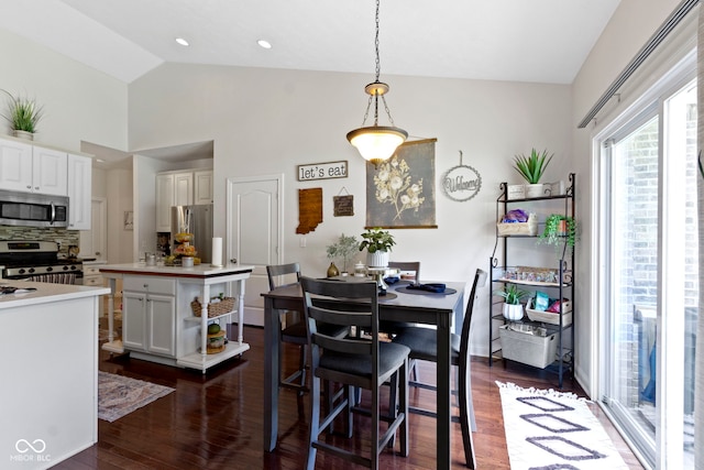 15098 Newburyport Dr, Fortville, IN 46040 - dining room featuring lofted ceiling and dark wood-style flooring