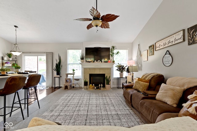 15098 Newburyport Dr, Fortville, IN 46040 - living area with a fireplace and a ceiling fan