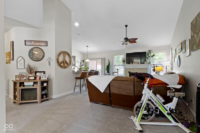 15098 Newburyport Dr, Fortville, IN 46040 - living area featuring a ceiling fan, lofted ceiling, and carpet floors