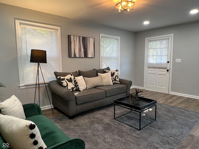 937 N Routiers Ave, Indianapolis, IN 46219 - living room featuring dark wood-style floors and recessed lighting