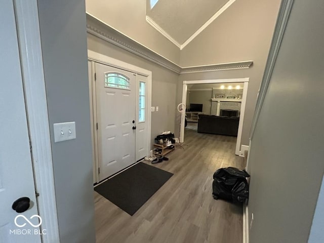 8407 Campbell Ct, Mooresville, IN 46158 - entrance foyer with wood finished floors, high vaulted ceiling, and a brick fireplace