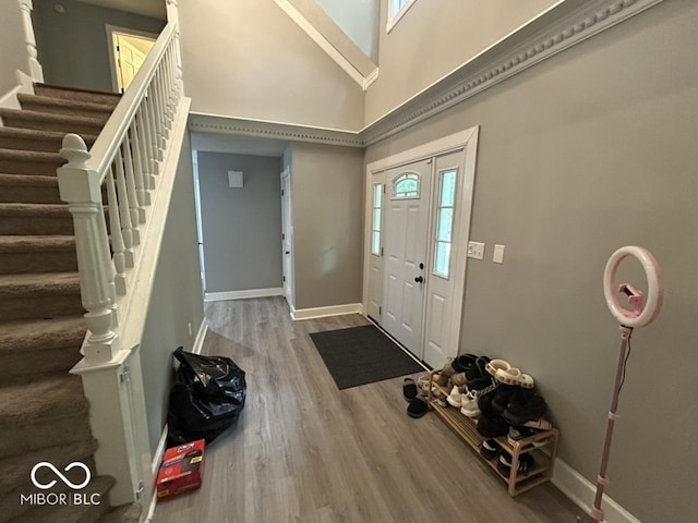 8407 Campbell Ct, Mooresville, IN 46158 - foyer with stairway, wood finished floors, and a high ceiling