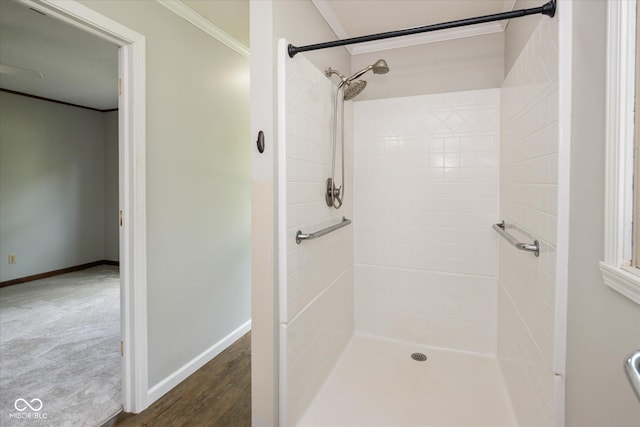 540 Lazy Ln, Greenwood, IN 46142 - bathroom with crown molding and a tile shower