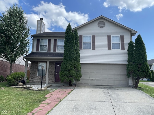1503 Quinlan Ct, Indianapolis, IN 46217 - view of front of house with concrete driveway, a garage, a chimney, a front yard, and brick siding