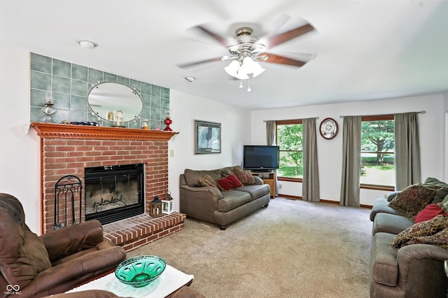1224 S Hunter Rd, Indianapolis, IN 46239 - carpeted living area with ceiling fan and a fireplace