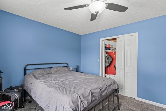 401 N Nicole Ln, Scottsburg, IN 47170 - bedroom with carpet floors, a textured ceiling, a closet, and ceiling fan