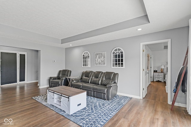 401 N Nicole Ln, Scottsburg, IN 47170 - living room featuring wood finished floors, a raised ceiling, and recessed lighting