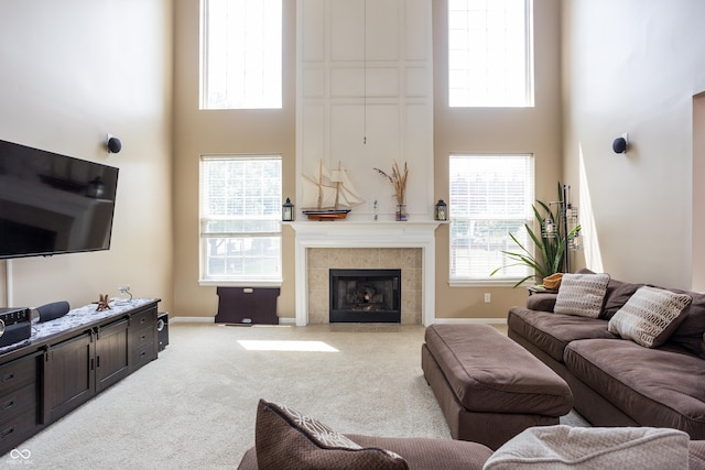 1521 Midnight Pass, Brownsburg, IN 46112 - carpeted living room with a towering ceiling and a fireplace