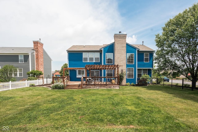 1521 Midnight Pass, Brownsburg, IN 46112 - back of house with a pergola, a fenced backyard, a wooden deck, and a chimney