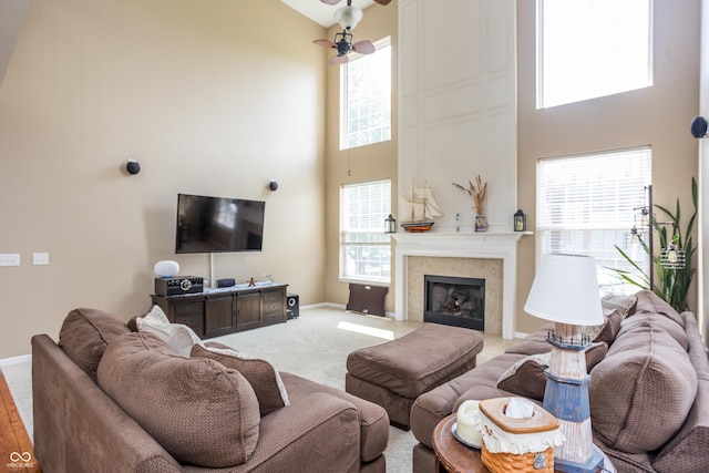 1521 Midnight Pass, Brownsburg, IN 46112 - living room featuring a high ceiling, a tile fireplace, and carpet floors
