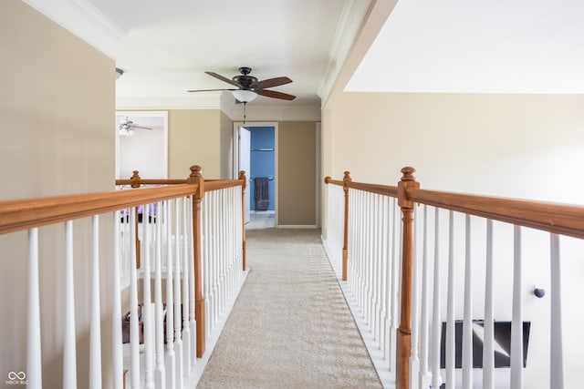 1521 Midnight Pass, Brownsburg, IN 46112 - corridor with ornamental molding, light colored carpet, and an upstairs landing
