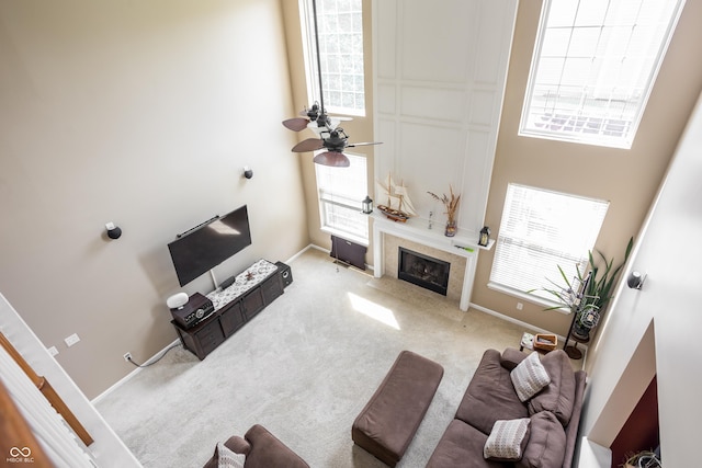 1521 Midnight Pass, Brownsburg, IN 46112 - living room with a fireplace, carpet flooring, and ceiling fan