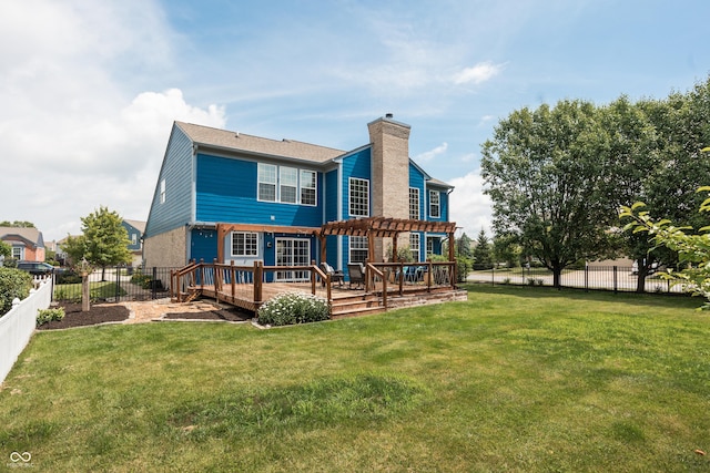 1521 Midnight Pass, Brownsburg, IN 46112 - back of house featuring a pergola, a wooden deck, a chimney, and a fenced backyard