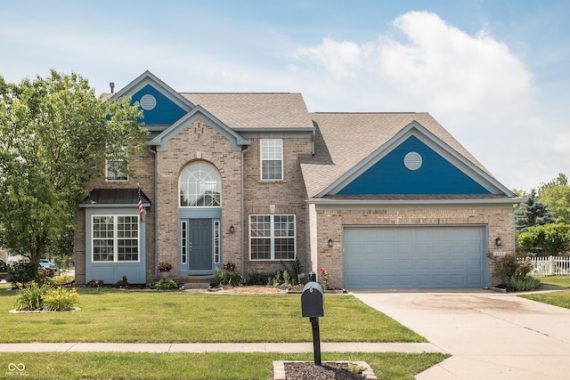 1521 Midnight Pass, Brownsburg, IN 46112 - traditional home with concrete driveway, a front lawn, brick siding, roof with shingles, and a garage