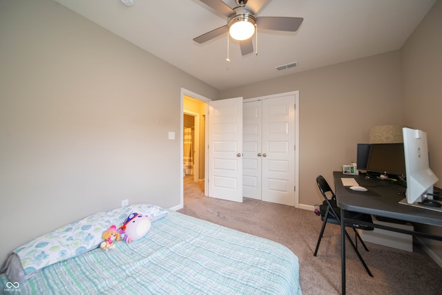 610 Sawtooth St, Westfield, IN 46074 - bedroom featuring light colored carpet, a closet, ceiling fan, and an office area