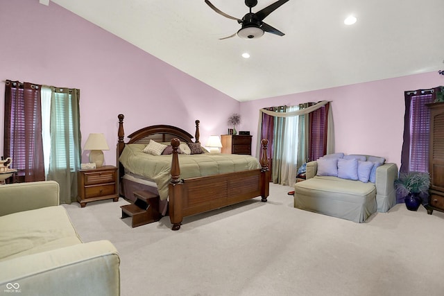 5063 Haywood Ln, Plainfield, IN 46168 - bedroom with vaulted ceiling, light carpet, ceiling fan, and recessed lighting