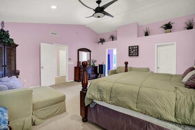 5063 Haywood Ln, Plainfield, IN 46168 - bedroom featuring light colored carpet, high vaulted ceiling, and a ceiling fan
