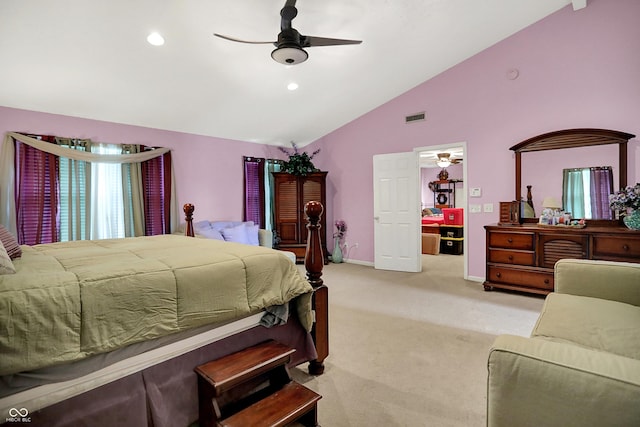 5063 Haywood Ln, Plainfield, IN 46168 - bedroom featuring light colored carpet, ceiling fan, recessed lighting, and high vaulted ceiling