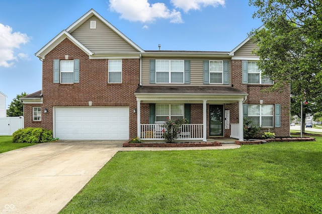 5063 Haywood Ln, Plainfield, IN 46168 - view of front of home featuring covered porch, a garage, brick siding, and a front lawn