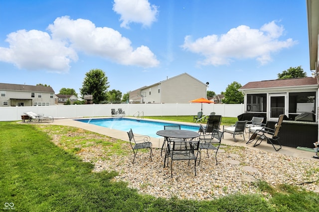 5063 Haywood Ln, Plainfield, IN 46168 - view of swimming pool featuring a sunroom, a fenced backyard, and a patio