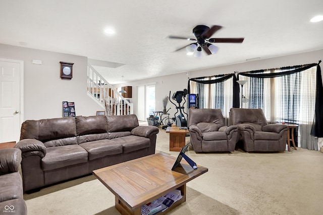 5063 Haywood Ln, Plainfield, IN 46168 - carpeted living area featuring stairway, recessed lighting, and a ceiling fan