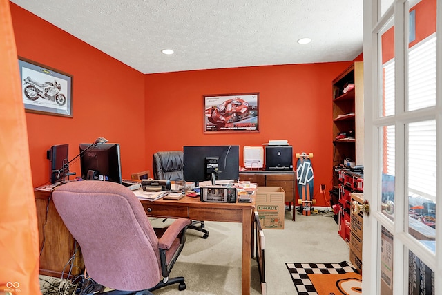 5063 Haywood Ln, Plainfield, IN 46168 - home office featuring carpet, a textured ceiling, and recessed lighting