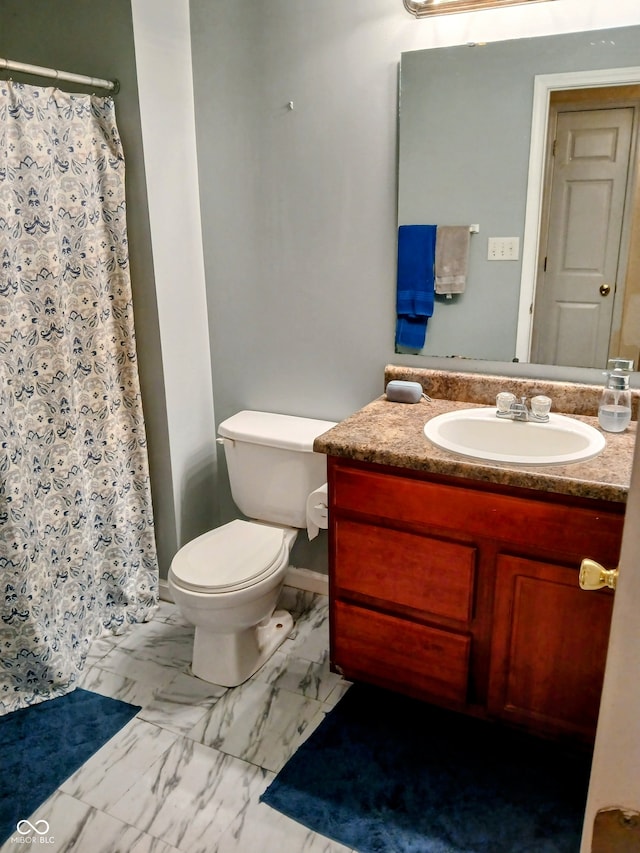 8333 Pine Branch Ln, Indianapolis, IN 46234 - bathroom featuring vanity, marble look tiles, and a shower with shower curtain