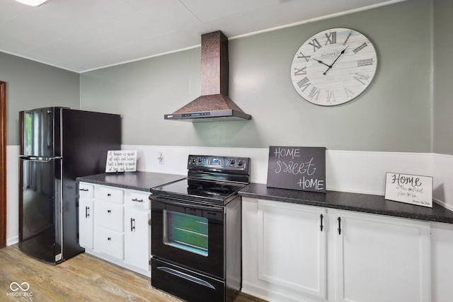 11710 W State Road 32, Yorktown, IN 47396 - kitchen featuring black appliances, wall chimney range hood, light wood-type flooring, white cabinetry, and dark countertops
