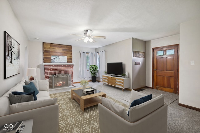 11710 W State Road 32, Yorktown, IN 47396 - carpeted living area with a ceiling fan, a brick fireplace, and a textured ceiling