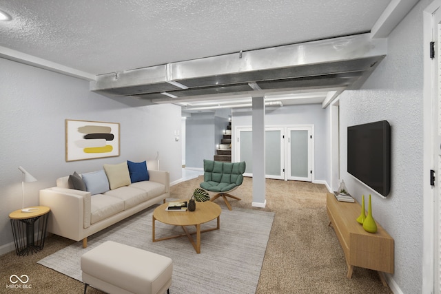 11710 W State Road 32, Yorktown, IN 47396 - living room with carpet, a textured ceiling, stairs, and rail lighting