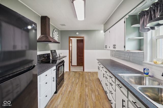 11710 W State Road 32, Yorktown, IN 47396 - kitchen featuring black appliances, custom range hood, open shelves, dark countertops, and light wood-style flooring