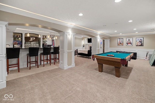 3710 Canada Ct, West Lafayette, IN 47906 - playroom featuring decorative columns, crown molding, light carpet, recessed lighting, and billiards table