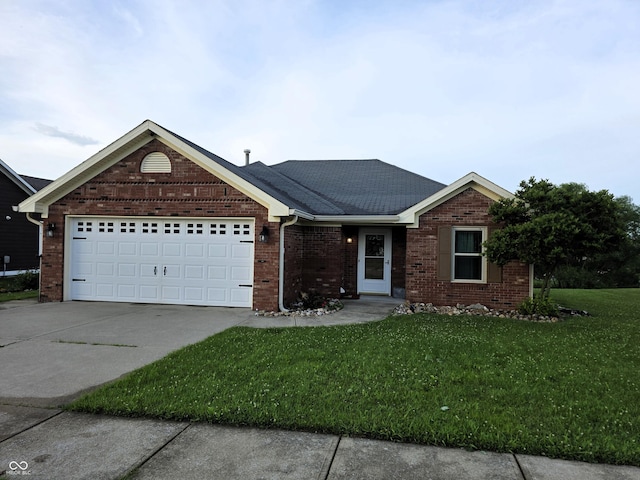 21 Watson Dr, Trafalgar, IN 46181 - ranch-style home featuring a front lawn, driveway, brick siding, and a garage