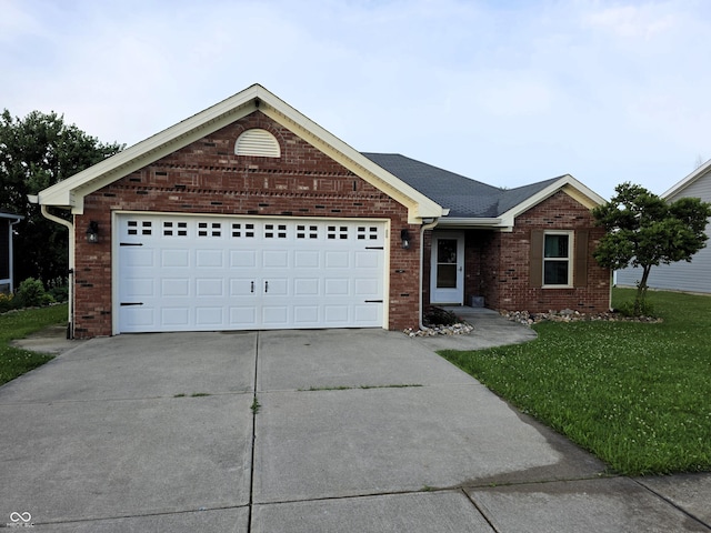21 Watson Dr, Trafalgar, IN 46181 - ranch-style home featuring driveway, brick siding, a front lawn, and a garage
