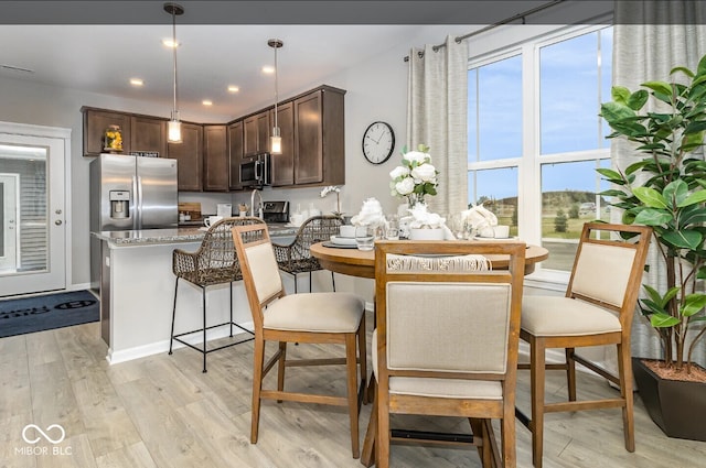 3933 Wren Dr, Brownsburg, IN 46112 - kitchen with stainless steel appliances, dark brown cabinetry, light wood-style flooring, a peninsula, and recessed lighting
